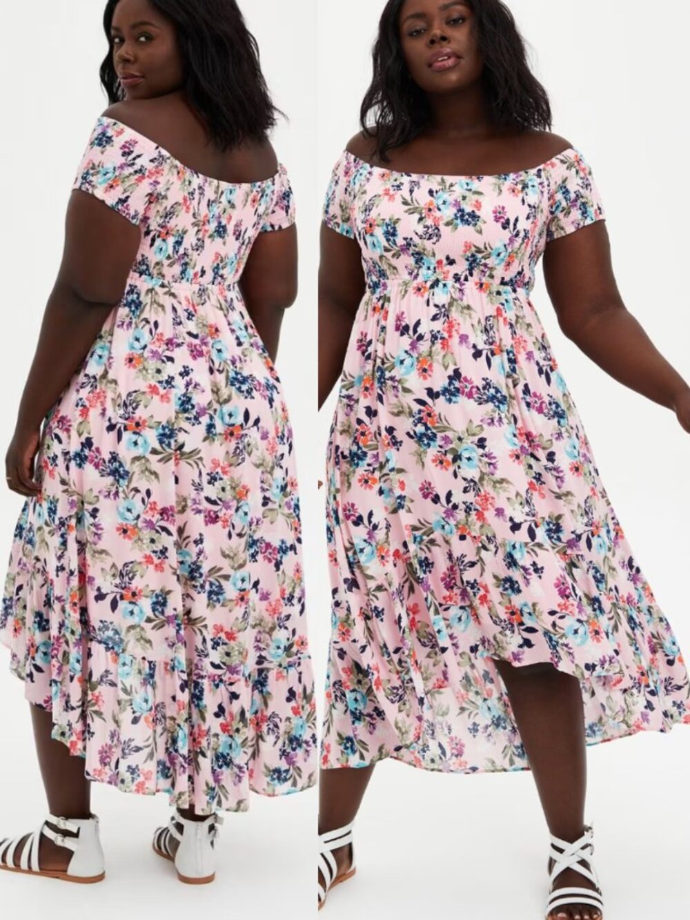 TORRID 2 Plus Size Pink Floral Off Shoulder Gauze Hi-Lo Maxi Dress Colorful Boho